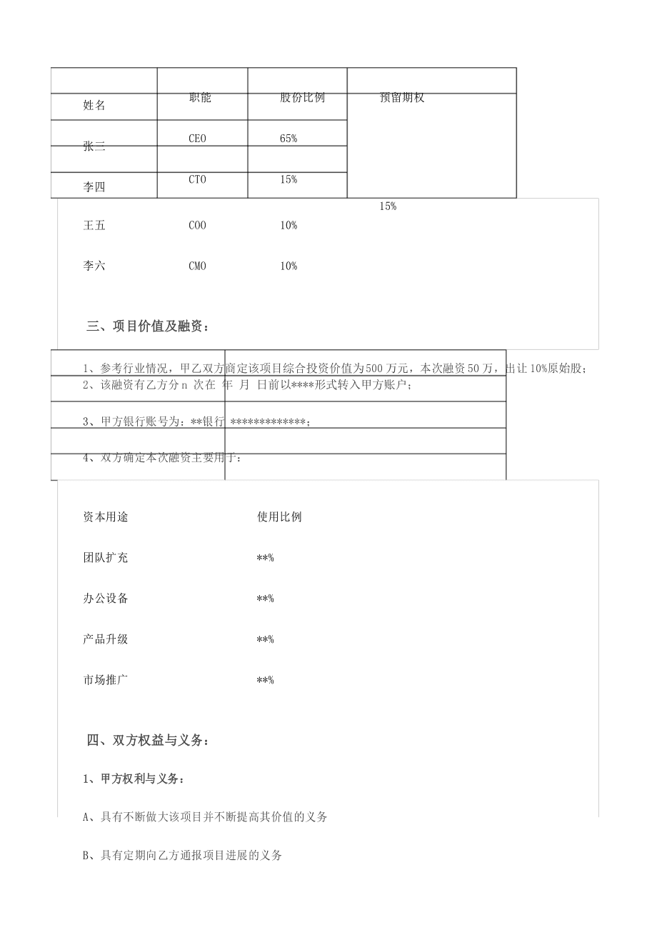 天使轮投资表格 天使轮投资意向书